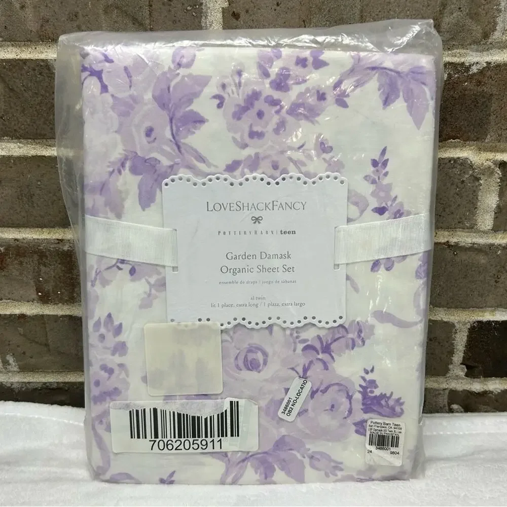 LoveShackFancy Pottery Barn Garden Damask Organic Sheet Set Lavender TWIN XL NWT